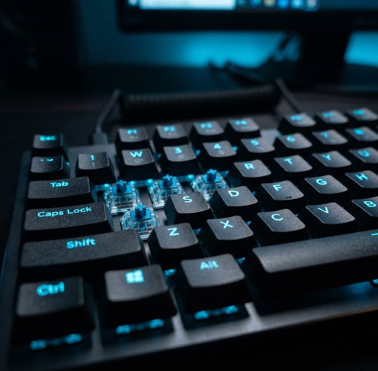 Macro shot of mechanical keyboard glowing under neon blue ambient office light, shallow depth of field, high-tech performance aesthetic