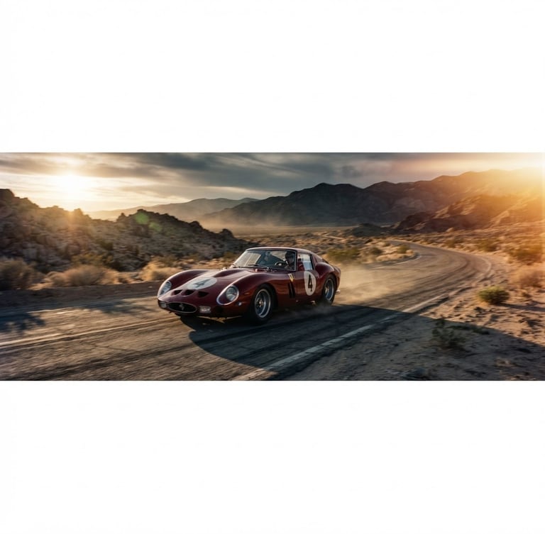 Wide panoramic shot of a vintage Ferrari 250 GTO in motion on a desolate desert road at golden hour, low-angle, high-contrast shadows, moody atmospheric haze, 35mm anamorphic, bleeding to the right edge.