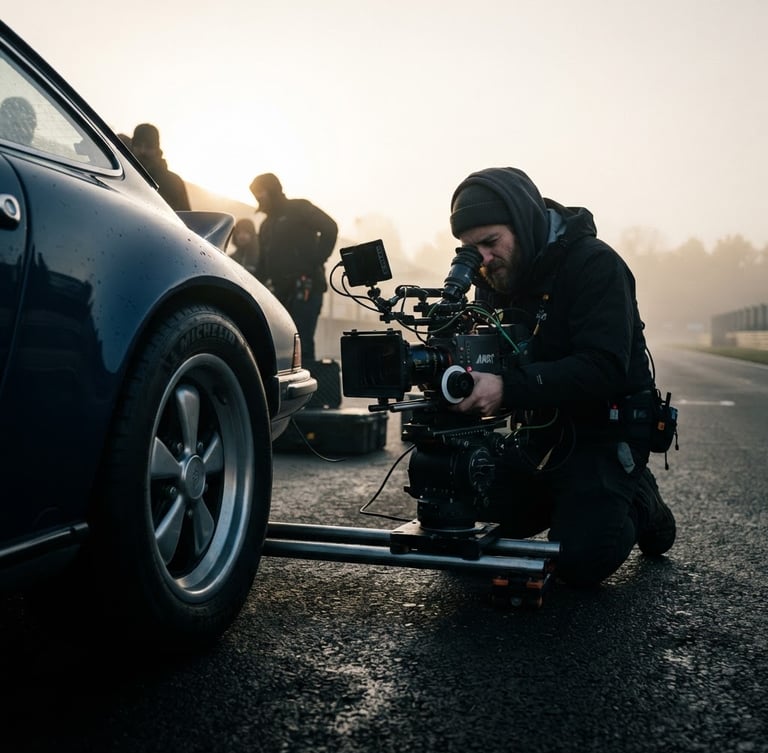 Behind-the-scenes shot of a filmmaker operating a high-end cinema camera, low angle, focused on the rear wheel of a classic sports car at dawn, dramatic backlighting, atmospheric haze, 35mm anamorphic.