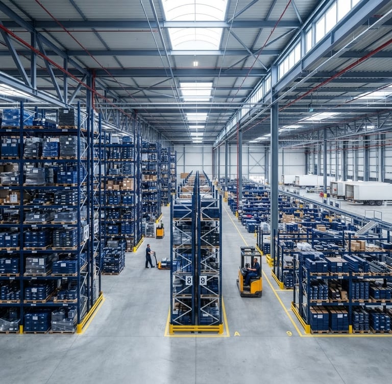 Wide environmental shot of a clean, brightly lit commercial distribution center, organized pallets of industrial supplies, deep navy and cool tones, crisp commercial photography, bright even daylight.