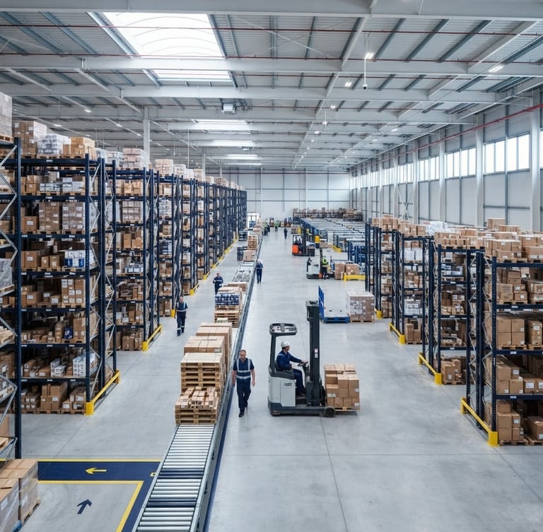Wide environmental shot of an organized logistics hub, clean warehouse aisles, bright professional daylight, deep navy and cool tones.