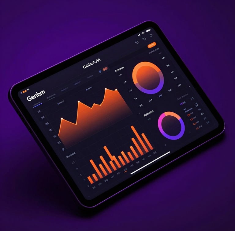 Sleek dark-mode digital photography, high-contrast tech aesthetic, a modern tablet showing glowing marketing metrics and analytics charts, electric purple backlight