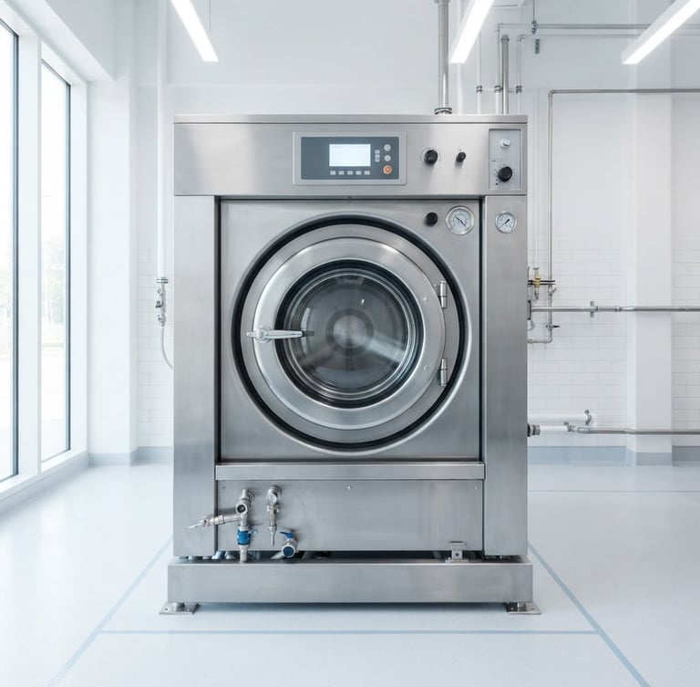 Straight-on architectural shot of a high-capacity stainless steel commercial washing machine, bright high-key daylight, clean white surfaces, clinical precision.