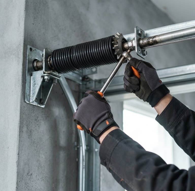Close-up of a technician's hands in clean work gloves calibrating a heavy-duty torsion spring on a garage door, bright natural daylight, crisp industrial photography, safety-orange tools visible, slate gray background