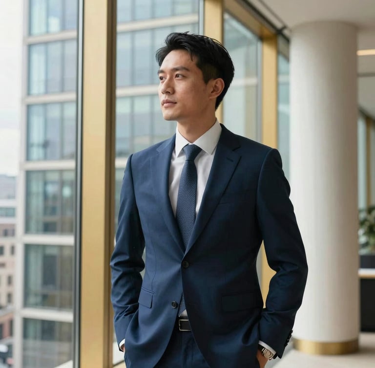 A sharp, professional medium-close portrait of a confident global executive looking out of a high-rise office window in London, bright natural daylight, 35mm lens