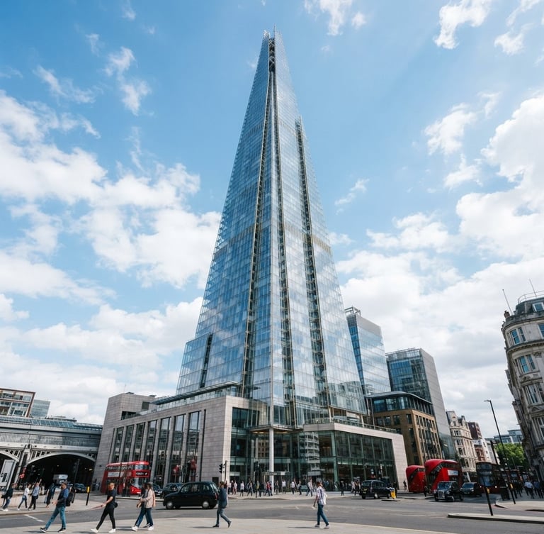 Wide angle architectural view of a modern glass skyscraper in London, sharp focus, bright natural daylight, corporate blue tint