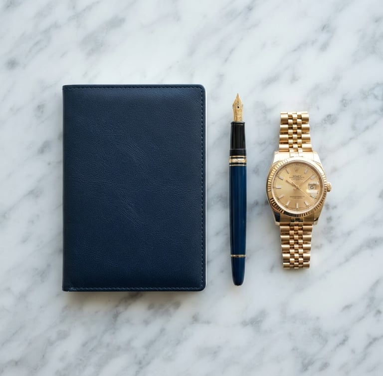 Overhead flat-lay of a dark blue passport, luxury fountain pen, and gold watch on a polished marble desk, bright natural daylight, architectural focus