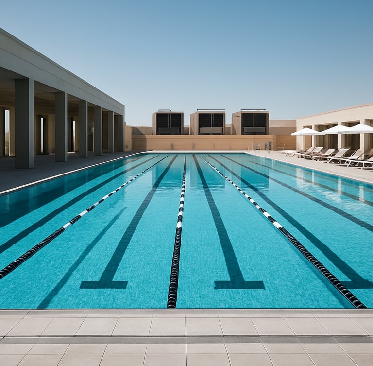 Large commercial Olympic-sized outdoor swimming pool at a premium resort in Abu Dhabi, bright daylight, heavy-duty industrial heat pump units partially visible in background