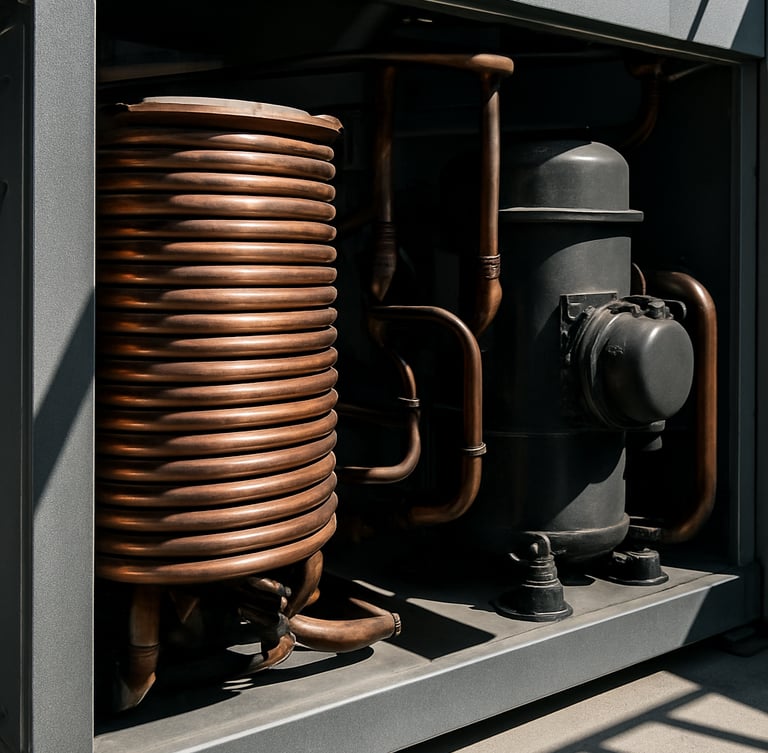 Close-up shot of heavy-duty copper coils and industrial compressor units inside a Zivah chiller, sharp architectural shadows, bright metallic textures.