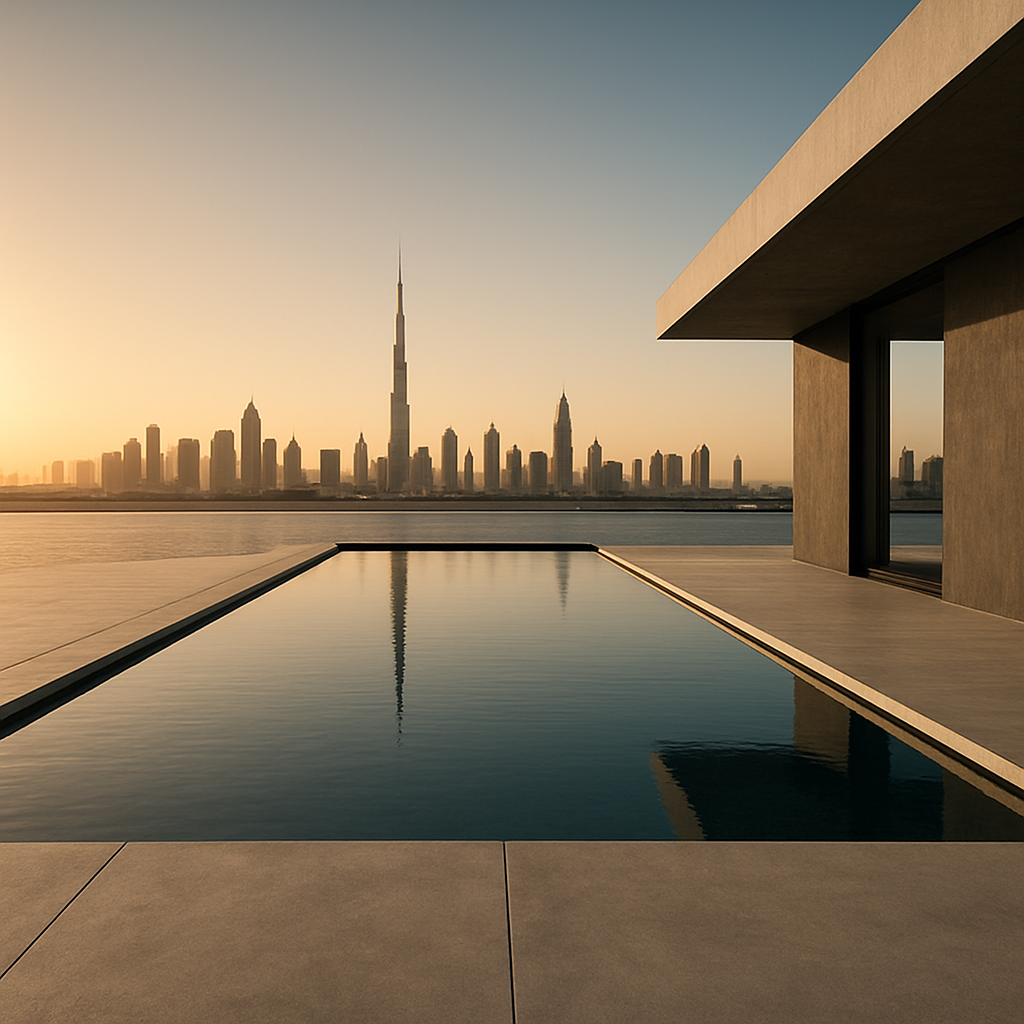 A luxury residential infinity pool in Dubai at golden hour, minimalist concrete deck, calm water, sharp architectural lines