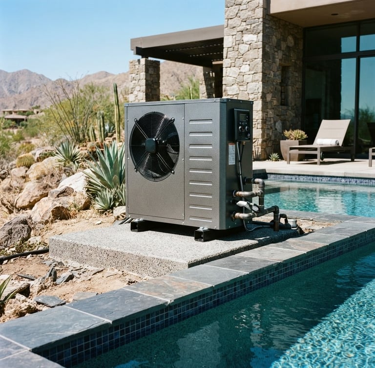 Sharp industrial photography of a premium pool heat pump unit installed next to a luxury villa swimming pool, bright desert sunlight, high-contrast slate tones, 35mm