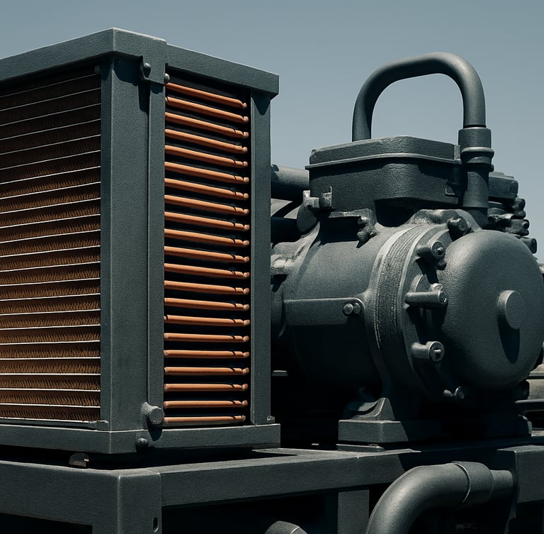 Close-up of industrial copper microchannel coils and heavy-duty compressor unit under bright desert sunlight, high-contrast slate tones, 35mm.