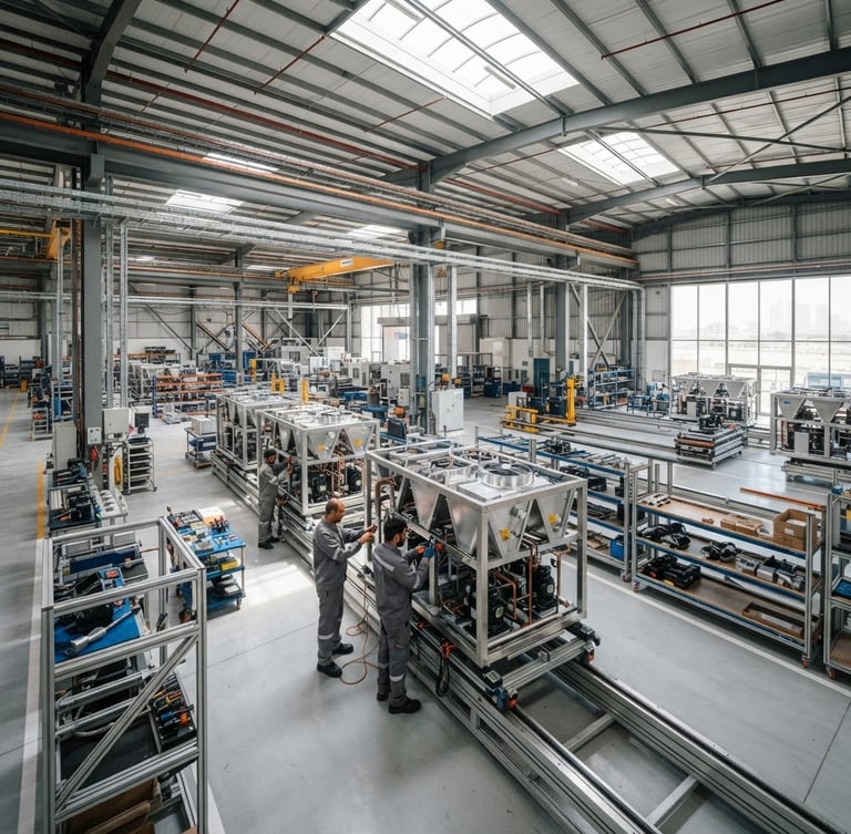 Wide-angle industrial shot of the Zivah manufacturing floor in Dubai, bright warehouse lighting reflecting off metallic chiller frames, clean technical assembly line.