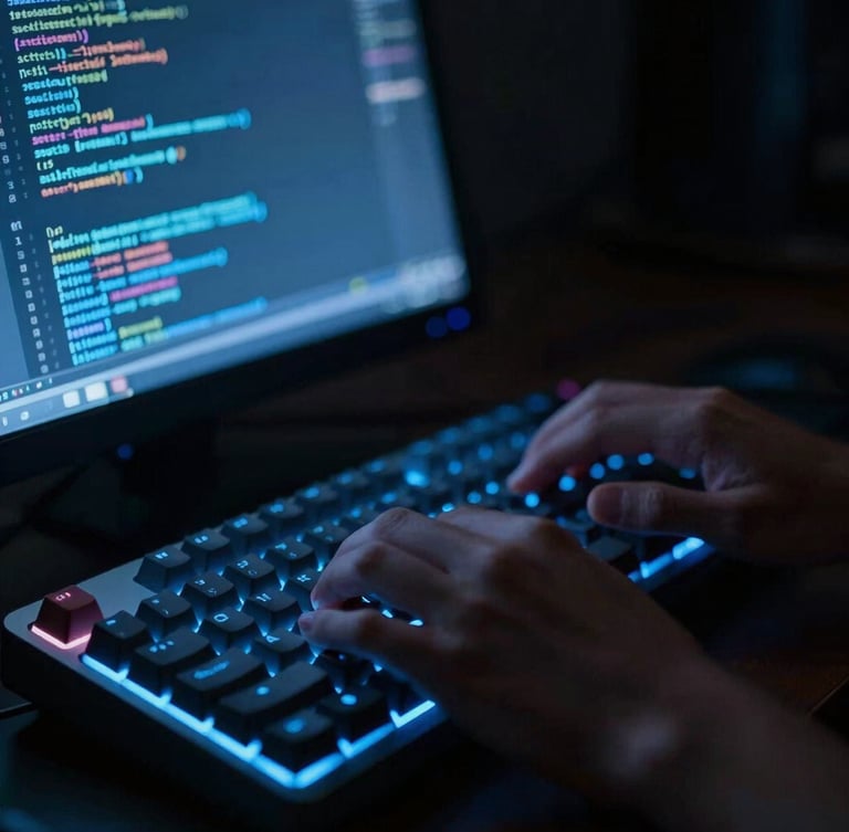 Close-up of hands typing on a mechanical keyboard in a dark room, illuminated only by the cool blue glow of a code terminal showing security logs, shallow depth of field, 35mm
