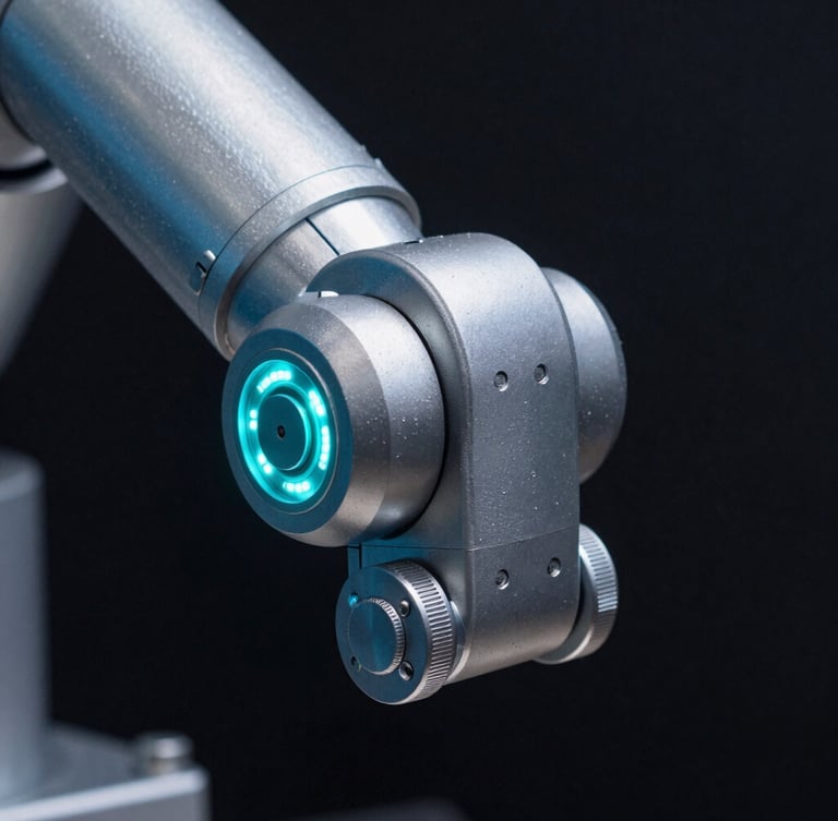 Macro close-up of an articulated robotic arm joint, metallic textures, glowing electric cyan and green diagnostic LEDs, obsidian background, high-contrast cool-toned illumination.