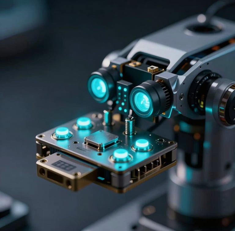 Macro close-up of a high-fidelity robotics hardware interface, glowing cyan status lights, low-key cool-toned ambient lighting, dark background