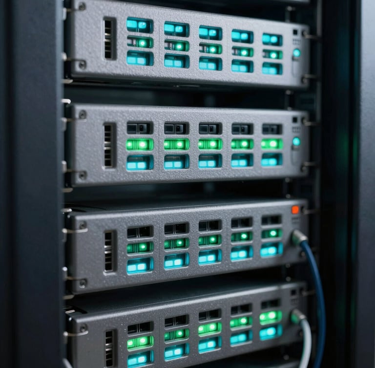 Macro shot of server rack cabling with cool cyan and emerald status lights, high contrast, clean industrial tech aesthetic