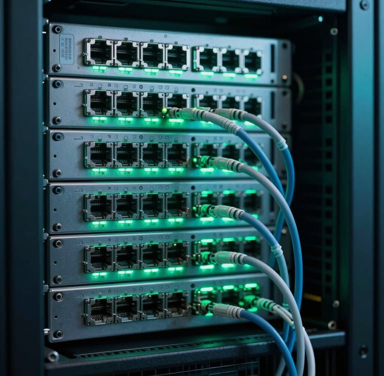 Macro shot of a high-fidelity server rack in a secure data center, glowing cool cyan and deep green ambient light, sharp focus on modern network cabling.