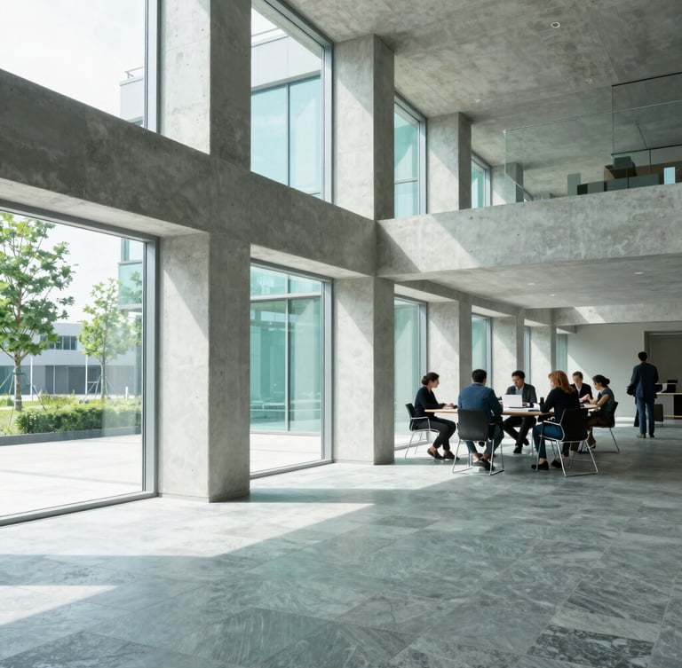 Clean bright architectural interior with structured concrete lines and glass windows, daylight streaming in, modern collaborative workspace in the background with people working around a table, cool slate and teal tones.