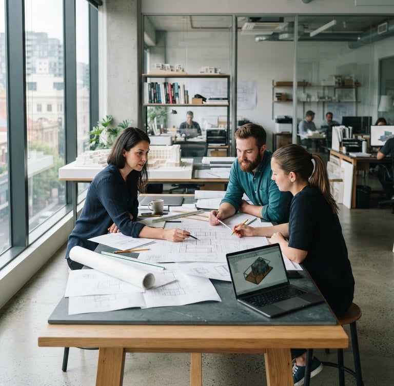 Clean architectural workspace with natural daylight, a collaborative table with blueprints and documents, cool slate and teal tones, sharp focus, 35mm lens