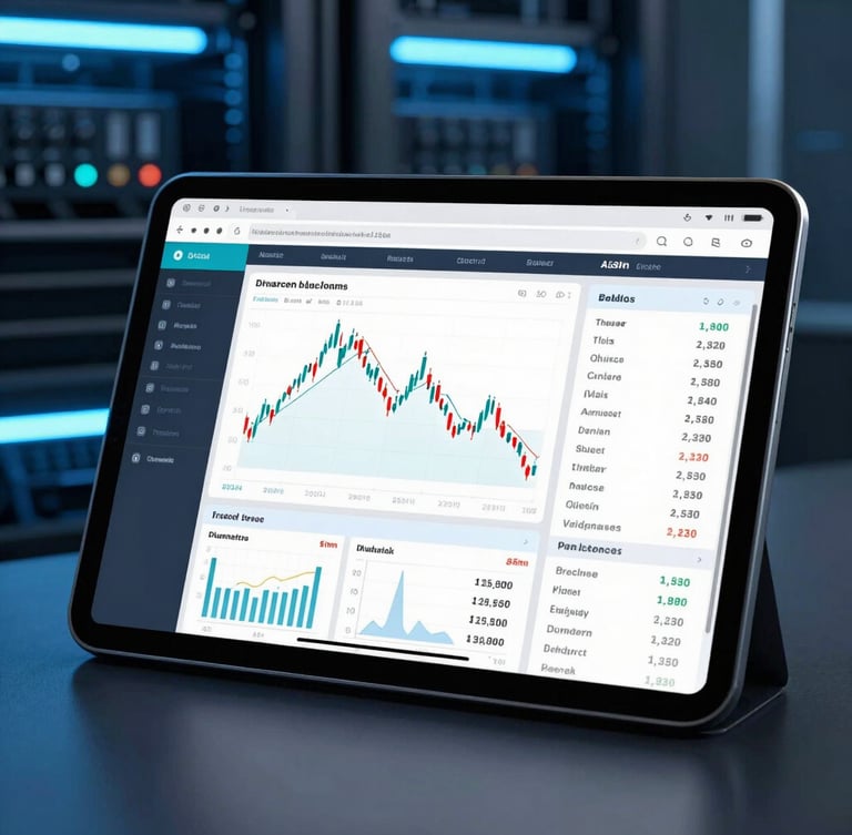 Crisp technical mockup of a financial dashboard on a tablet, cool blue LED lighting, sharp focus, 35mm