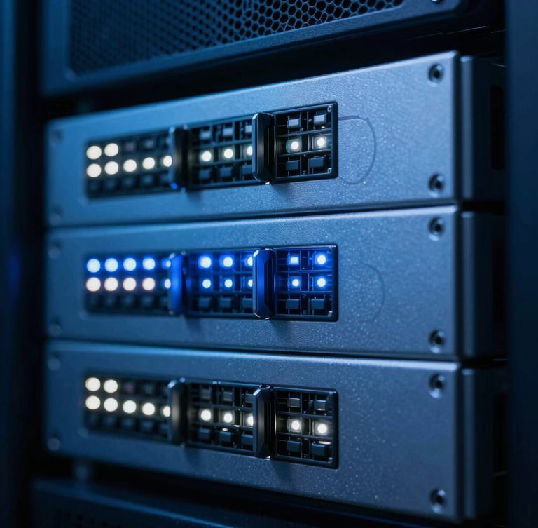 Macro shot of clean server rack interfaces with flashing status LEDs, cool blue tones, sharp focus, 35mm