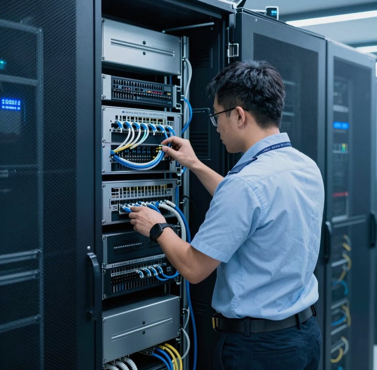 Professional network engineers in technical uniforms configuring structured cabling in a clean Singapore server room, cool blue lighting.