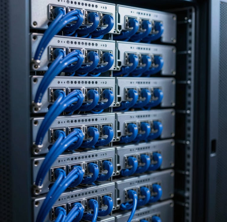 Macro technical photography of perfectly organized server racks, immaculate blue and silver labeled cables, cool LED lighting, sharp focus, 35mm