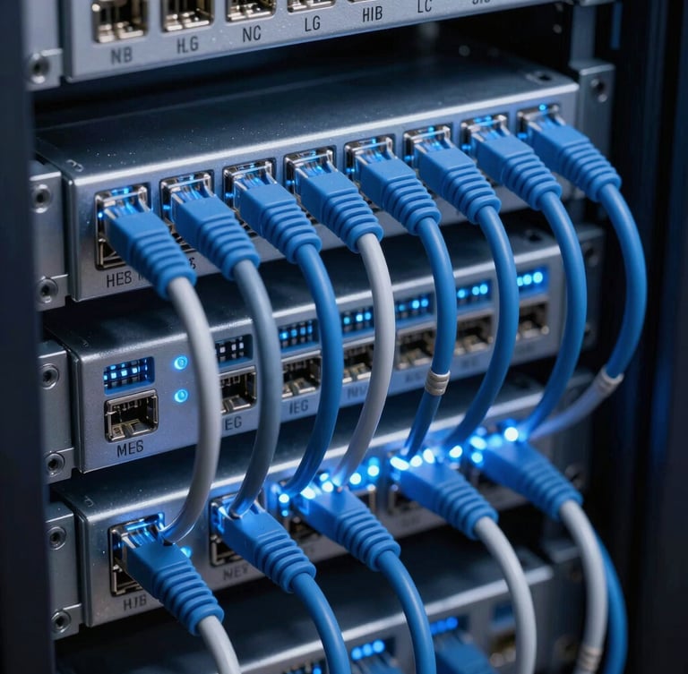 Macro shot of structured cabling in a server rack, crisp blue and silver ethernet cables perfectly routed and labeled, cool LED lighting, 35mm focus