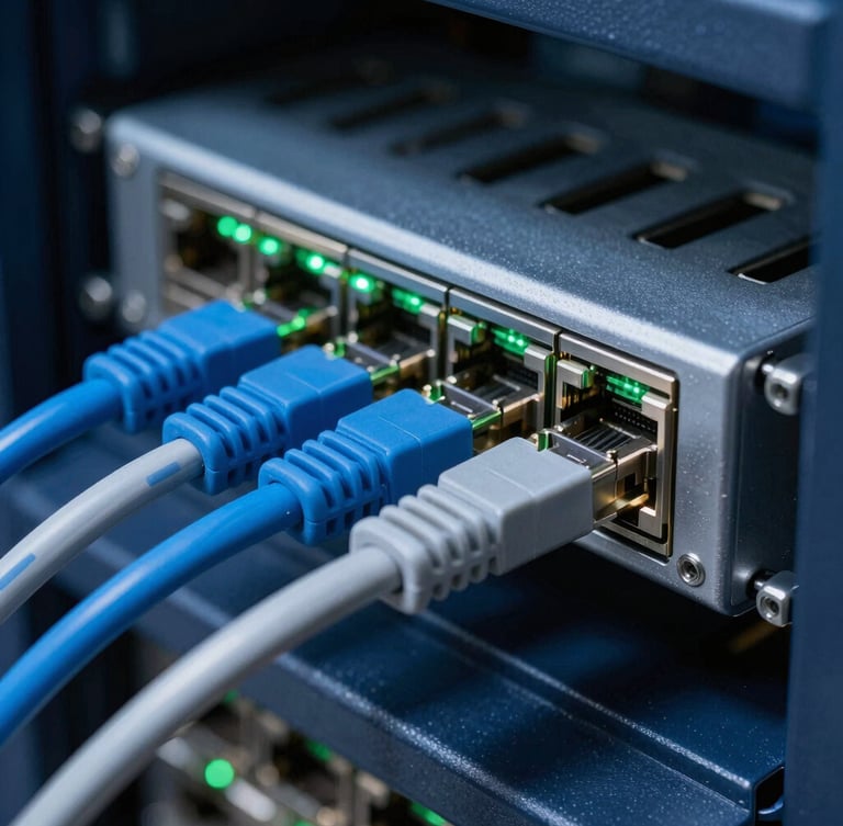Macro photograph of a clean server rack interface, neat blue and silver ethernet cables plugged into a switch with glowing green LED status lights, sharp focus, technical blueprint aesthetic