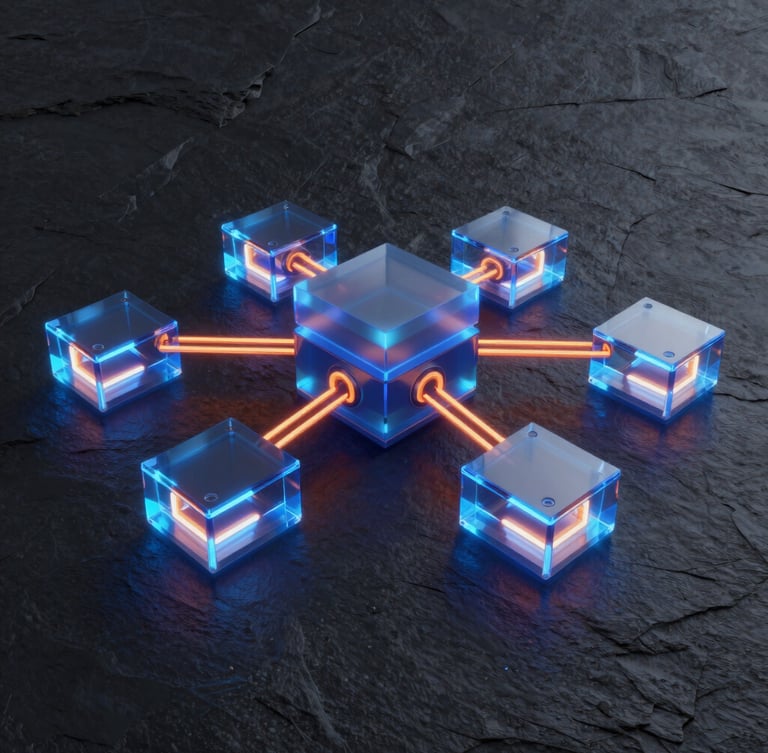 Futuristic 3D render of modular glowing tech blocks connecting, dark slate background, neon blue and orange light paths, octane render