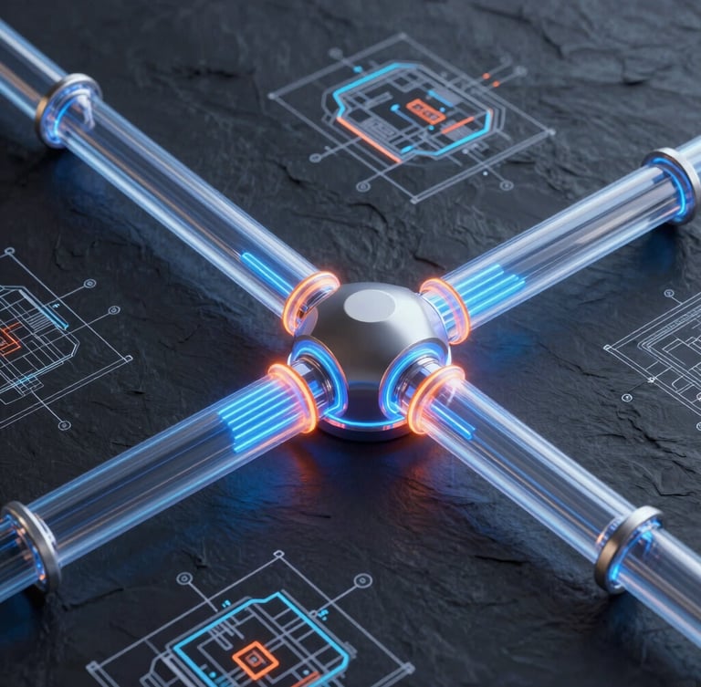 Futuristic 3D render of a glowing digital pipeline connecting architectural blueprints with neon data streams, dark slate background, octane render.