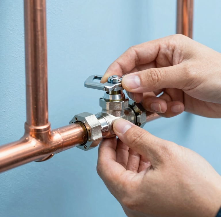 Close-up of hands adjusting a metallic valve on clean copper pipes, bright utility lighting, sharp focus on the connection