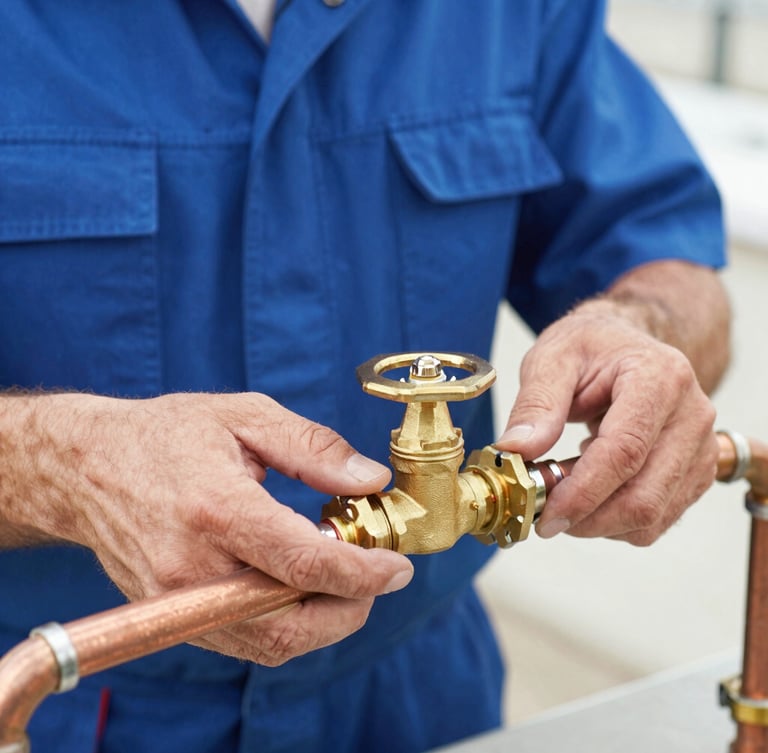A close-up of a professional plumber's hands adjusting a brass valve on clean copper pipes, bright natural daylight, sharp focus, 35mm lens