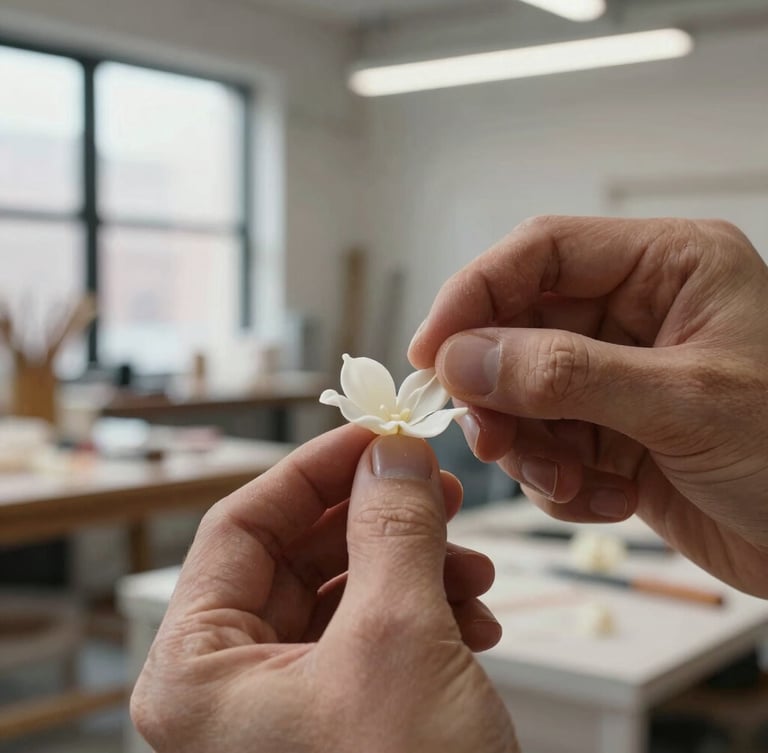 Macro close-up of artisan hands carefully carving and sculpting delicate wax petals in a modern, sunlit Brooklyn loft studio.