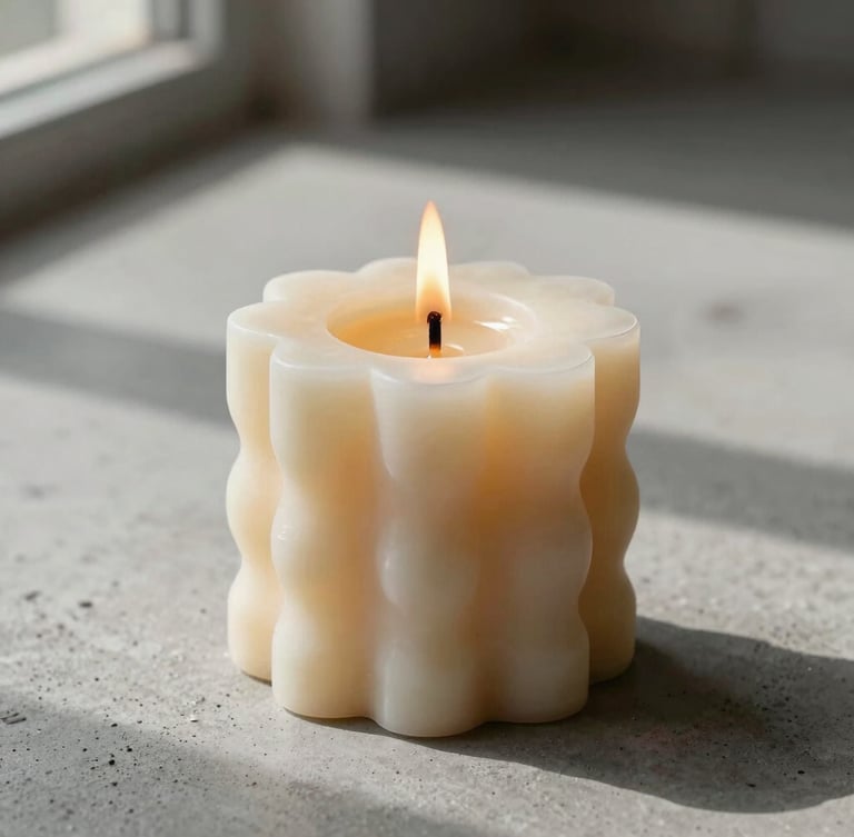 Macro close-up of a sculptural soy candle bouquet burning cleanly on a raw concrete surface, soft afternoon shadows from a loft window.