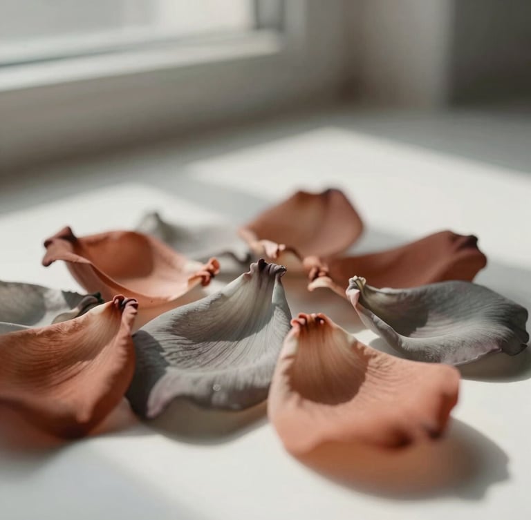 A macro close-up of delicate wax petals being hand-dyed in muted terracotta and warm greige tones, soft afternoon loft window light casting long shadows, minimalist composition.