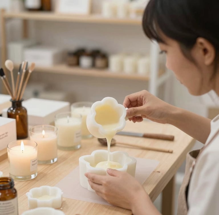 Baker pouring cream filling into a flower-shaped pastry mold on a floured surface for baking.