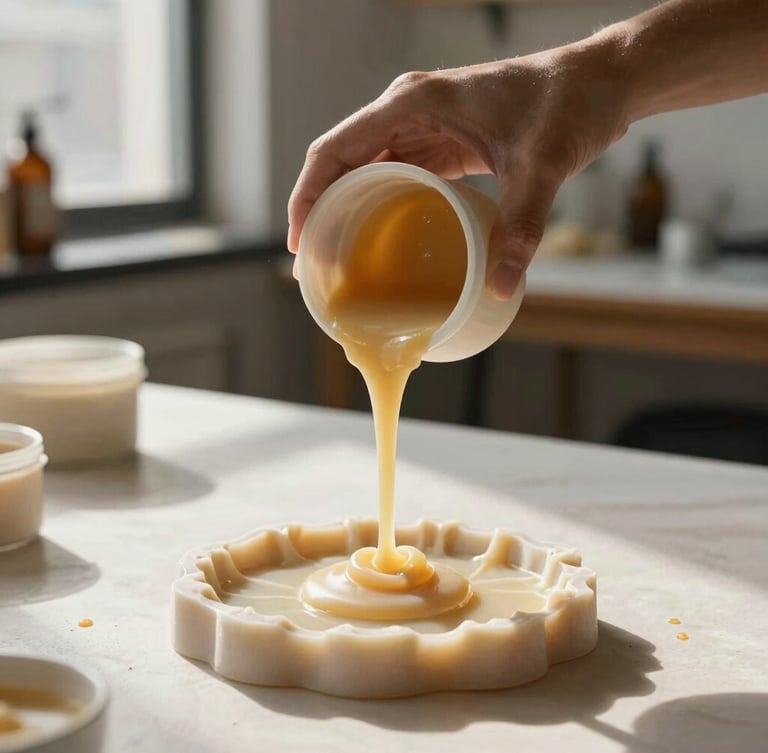 Hands pouring warm soy wax into a botanical mold in a clean, sunlit Brooklyn loft studio.