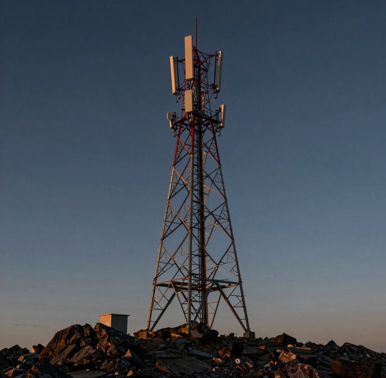 Wide-angle view of a rugged telecom tower on a remote rocky ridge at dusk, high-contrast dramatic natural light, sharp steel lattice structure against deep twilight sky.