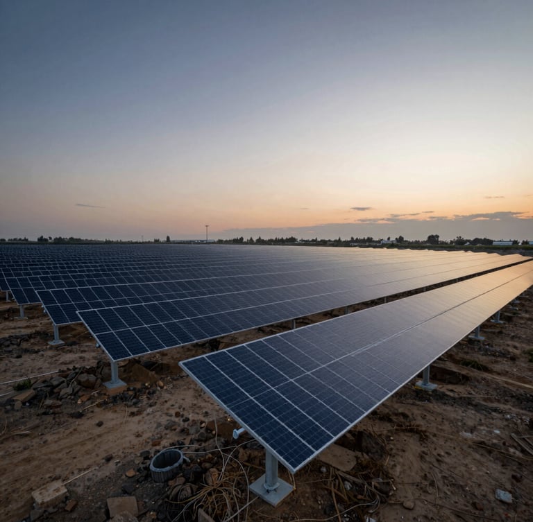 Wide-angle environmental shot of massive off-grid solar arrays integrated into a rugged industrial landscape during a dramatic dusk transition, high-contrast natural light, geometric precision.