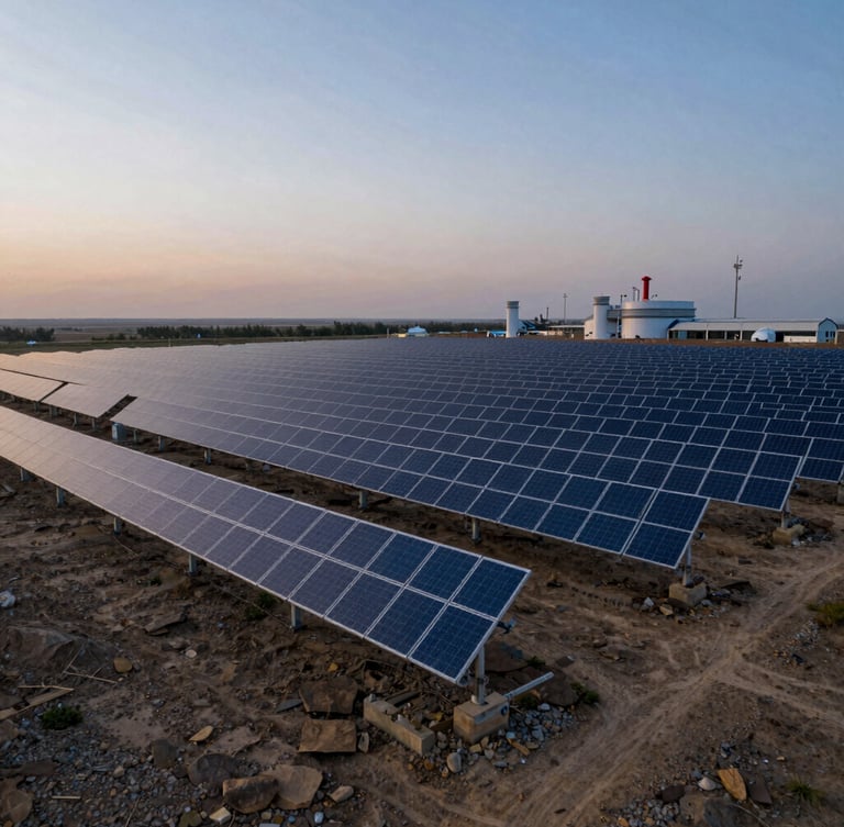 A wide-angle environmental shot of a massive off-grid solar array integrated into a rugged industrial landscape at dusk.