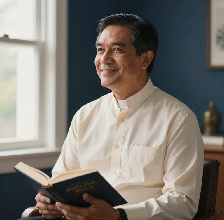 A warm, natural-light portrait of pastor James Paul Baccay in a modern study, holding a book, smiling thoughtfully, rich navy background, soft window light.