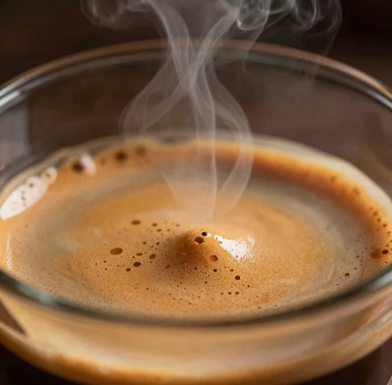 Extreme close-up of steam rising from freshly pulled espresso, warm dramatic side lighting, rich gold crema, shallow depth of field, 35mm lens