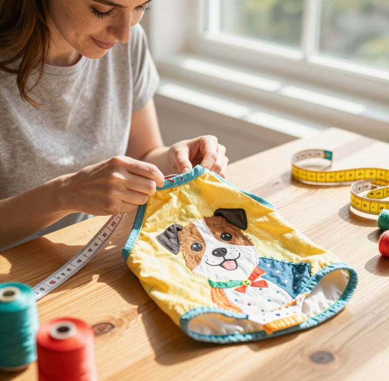 Eye-level portrait of a woman hand-stitching a colorful dog shirt on a wooden table, warm sunlight streaming through a window, measuring tape and colorful threads visible