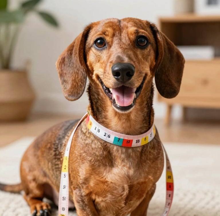 A close-up of a happy dachshund sitting calmly while a colorful fabric measuring tape gently measures its chest, bright natural daylight, cheerful cozy home setting.