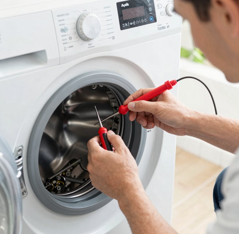 Close-up editorial photo of a certified technician's hands carefully repairing an Arçelik washing machine motor with diagnostic tools, bright natural indoor lighting