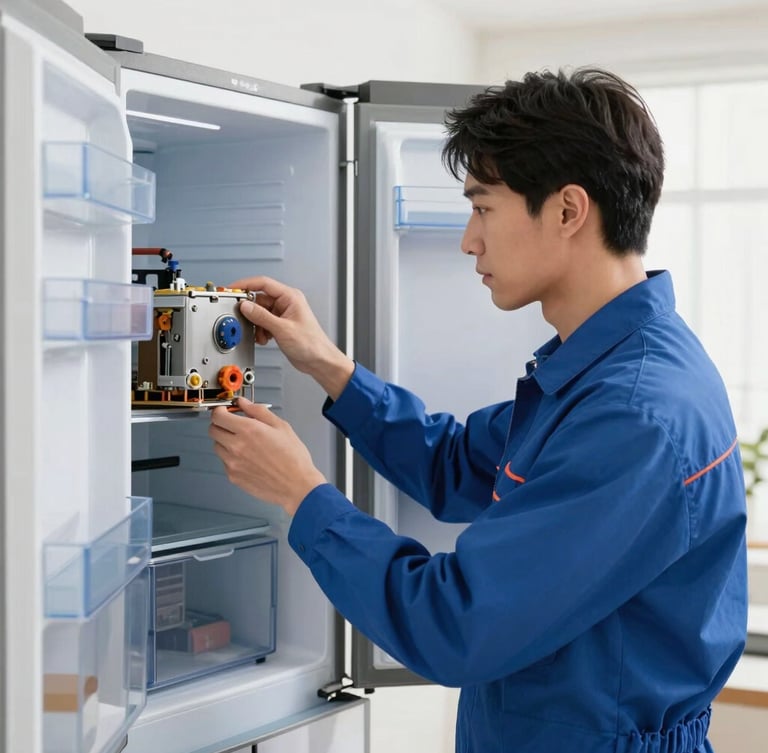 A professional technician wearing a clean blue uniform inspecting the internal components of a modern refrigerator, bright natural indoor lighting, authentic color palette, 50mm lens.