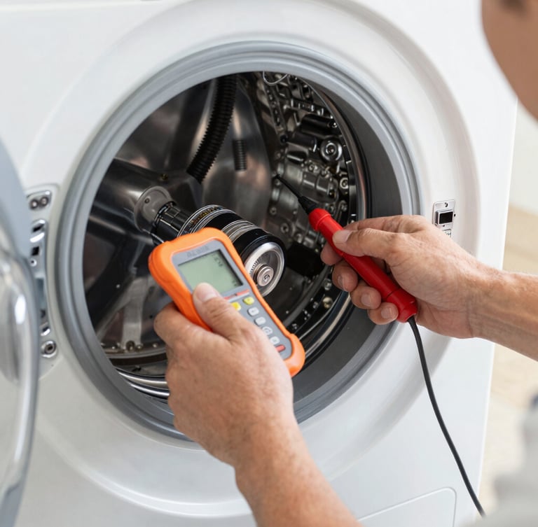 Close-up of a professional technician's hands repairing an Arçelik washing machine motor with diagnostic tools, bright daylight, authentic color palette, 50mm lens.