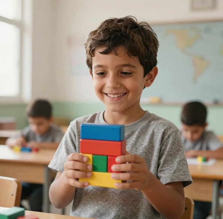 A young child in Helwan, Egypt, smiling while holding colorful wooden blocks, bright natural morning light, clean educational classroom background, portrait aspect.